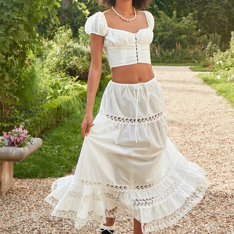 2026 New European and American Style Cross-Border White Lace Trim Holiday-Style Long Dress Slimming Embroidered A-Line Skirt