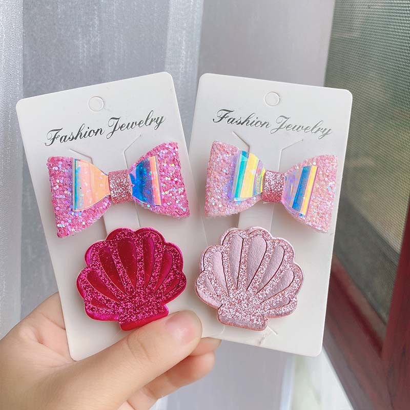 50g Weight Hair Clip Hair Accessories Type 2 Pieces Set Quantity Holiday Occasion Bow Knot, Shell Pattern Kid'S Gender Vacation Style Kid's Vacation Bow Knot Shell Cloth Hair Clip 9