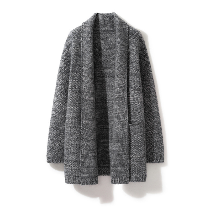 M brand same style 100% cashmere long collar unbuttoned mid-length heavy-duty rolled-hem knit cardigan for women.