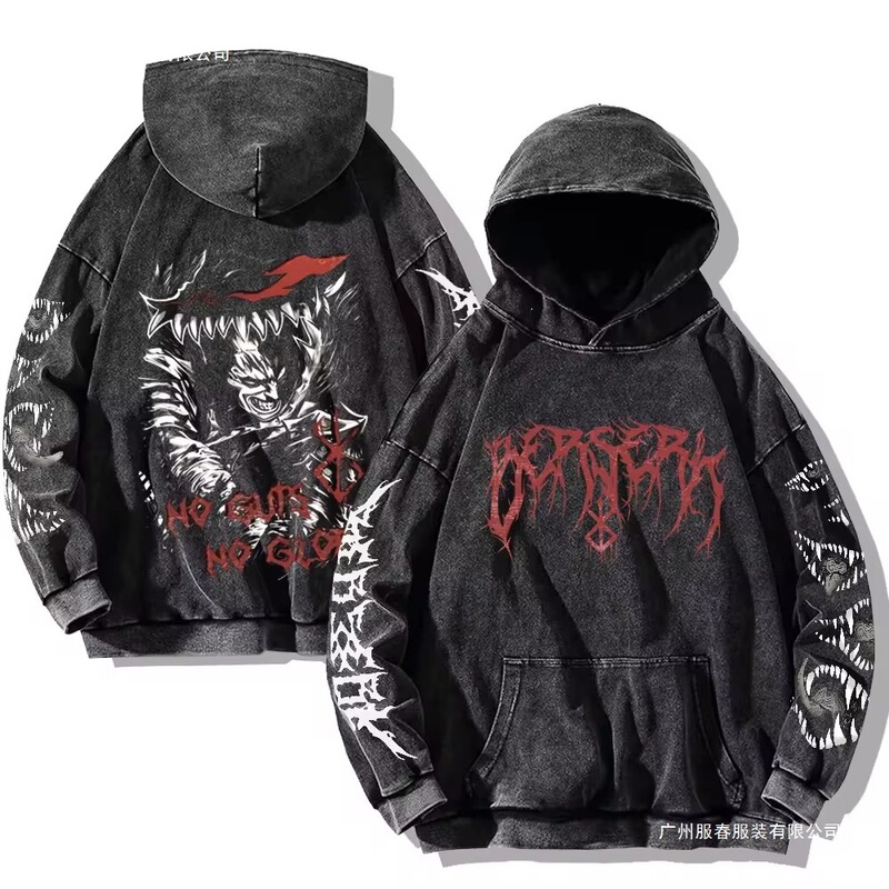 [Cross-Border European Size] Men's Fierce Hoodie with Printed Retro Washed Design, Hip-Hop Streetwear Sweatshirt, Harajuku Style
