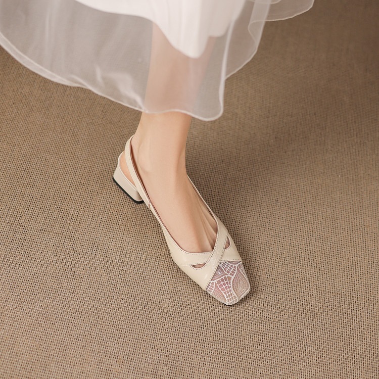 Sandal cao gót nữ hở mũi da cừu lưới phối màu quai ngang khóa — màu đen, màu trắng ngà chi tiết 68