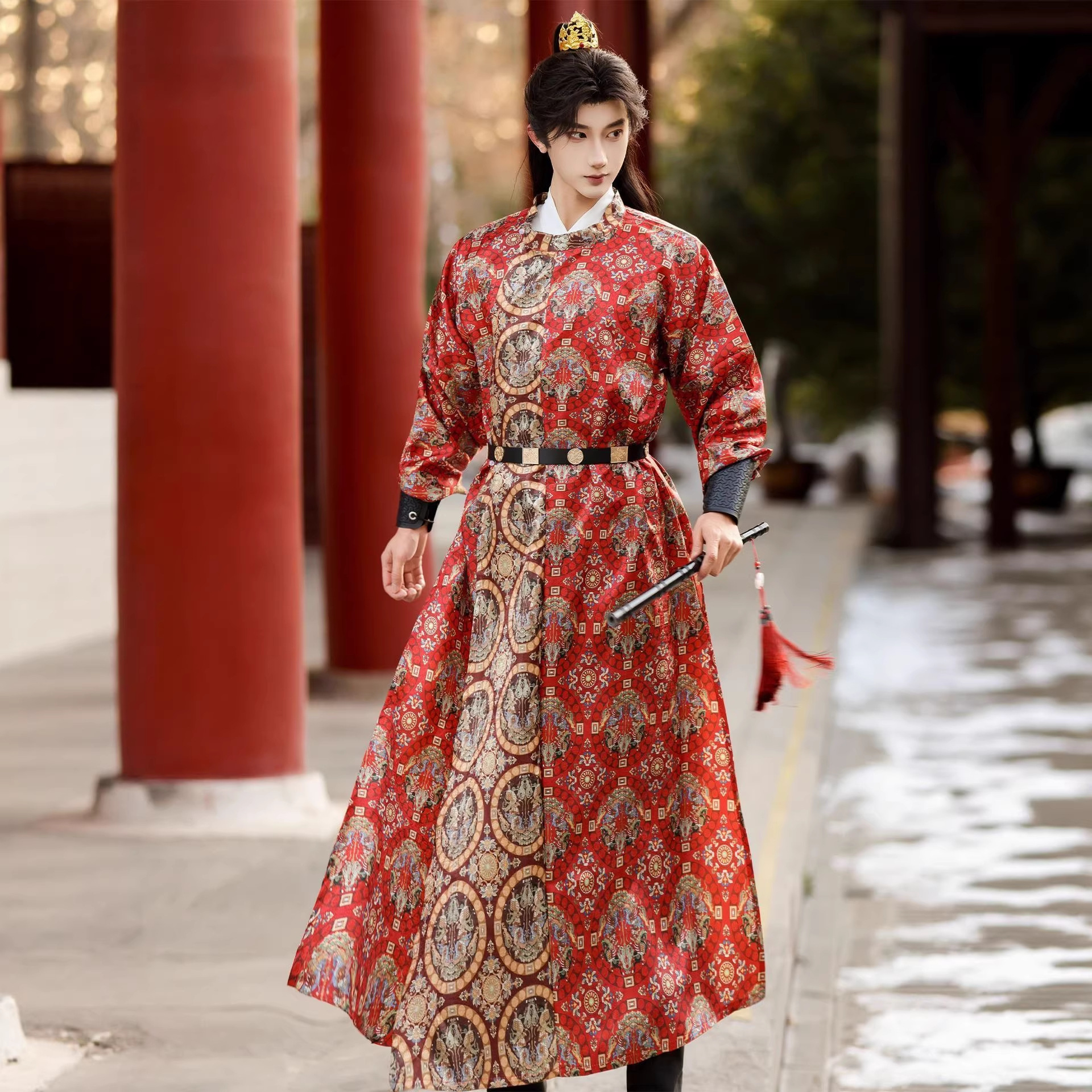 Original Hanfu Tang-Style Round-Neck Robe 2026 New Spring/Summer Jacquard Print Open-Crotch Robe Men's Clothing in Dunhuang Color, Martial Arts Style
