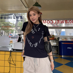 Chuanchuanye アメリカオリジナルレトロショルダーショートノンへそ半袖 Tシャツレディースストリートルーズサマートップトレンディ
