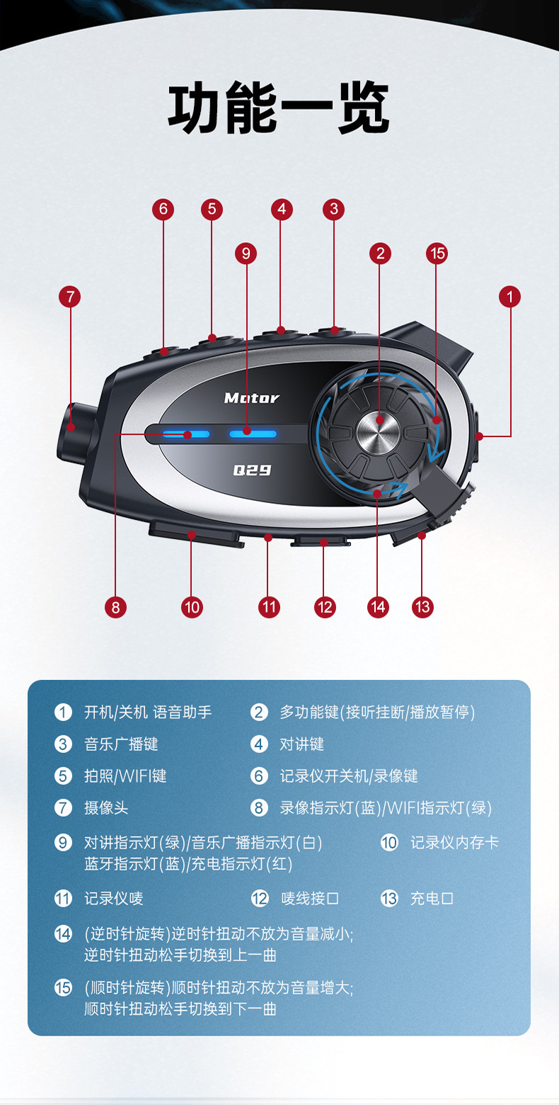 Q29 Driving Recorder Helmet Bluetooth Headset Waterproof Cross-Brand Intercom Music Sharing Mixing Helmet Headset