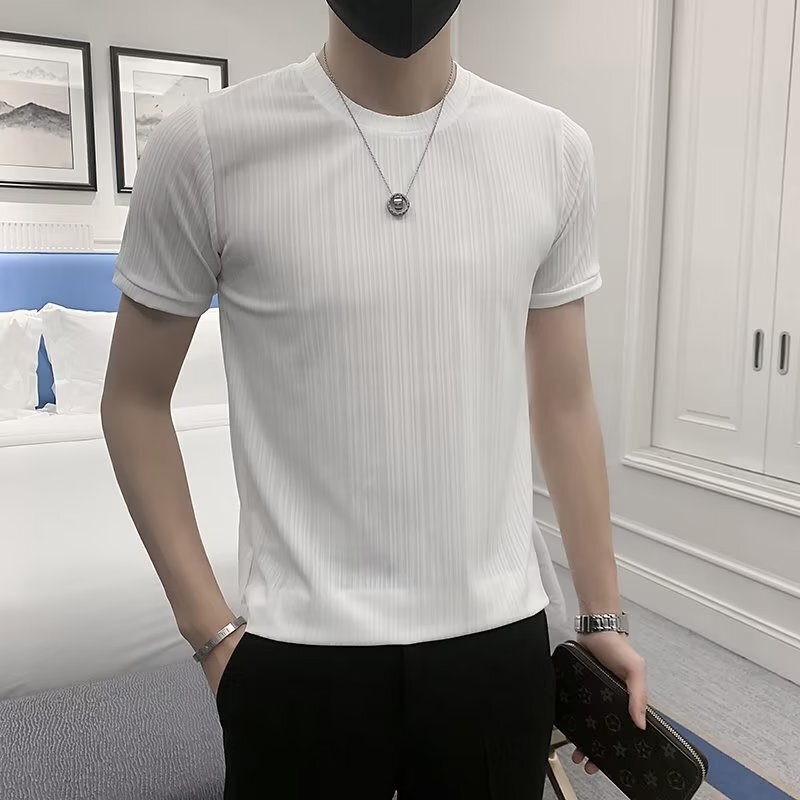 New Short-sleeved T-shirt Men's Summer Thin Solid Color High-end Tight Striped Men's T-shirt Slim-fit Quick-drying Clothes