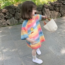 女童韩版T恤长款彩虹上衣儿童彩色条纹连衣裙子夏装新款宽松童装