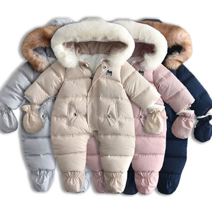 Velvet and Thickeneded Large Fur Collar Hooded Baby Jumpsuit 2025 Winter New Baby Crawling Clothing Infant Outing Clothing