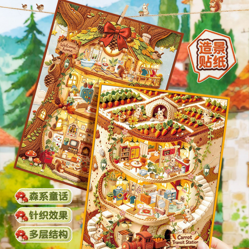 Yu Xian Wonderful Journey 3.0 Landscape Stickers, featuring a forest cabin design with a textured, embroidered-look knit effect