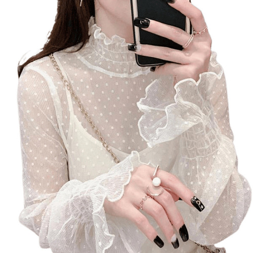 Lace Camisole Top for Women - Autumn/Winter New Style, Stylish Innerwear, Fairy Bellsleeve, Semi-High Collar, Polka Dot Net Dress Shirt