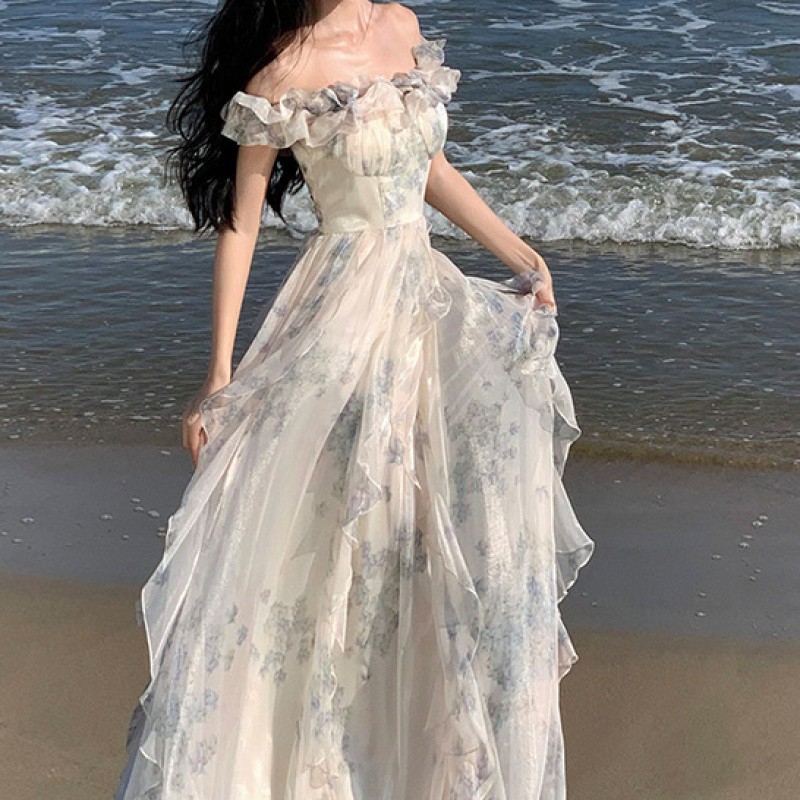 海边度假风吊带裙纱法式荷叶边沙滩连衣裙氛围感长裙飘逸仙女范