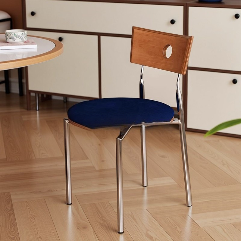 Vintage Dining Chair for Home Use, Solid Wood Backrest Chair, Trendy Retro Small Apartment Dining Table and Chair, Stainless Steel Designer Chair