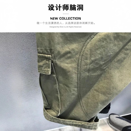 Khaki multi-pocket trendy brand casual workwear shorts men's summer five-inch pants black loose straight-leg mid-length pants