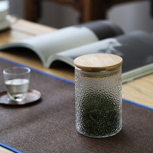 锤目纹防潮玻璃茶叶密封罐竹盖茶罐家用花茶罐欧风茶仓