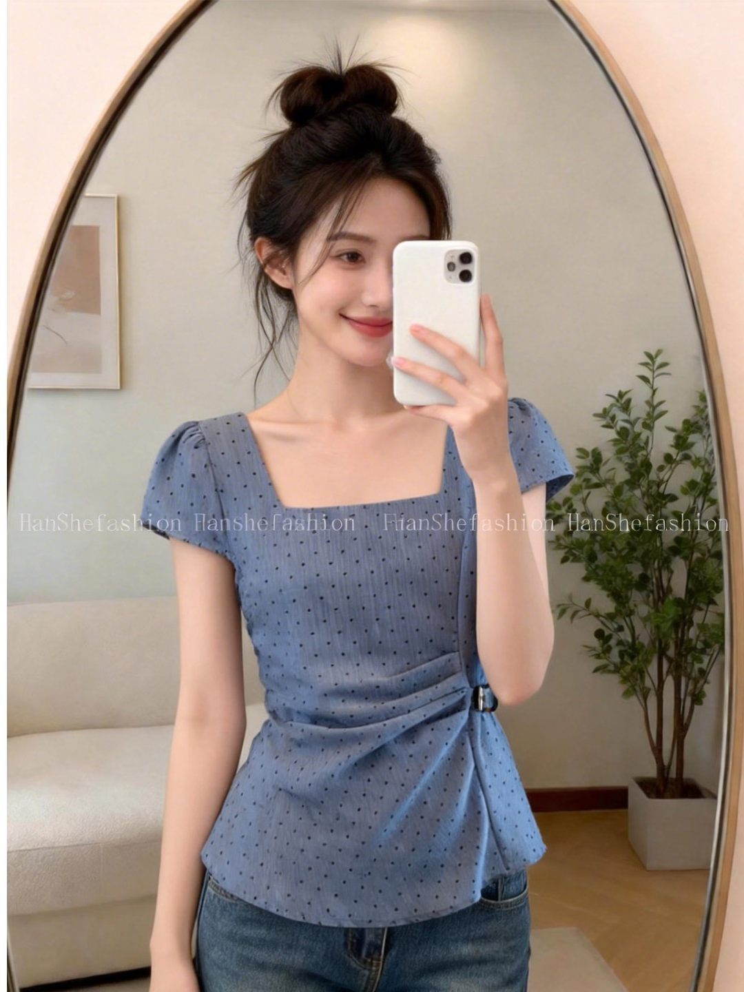 Áo sơ mi ngắn tay nữ cổ vuông thiết kế kiểu Pháp, họa tiết chấm bi, eo thắt dây tôn dáng — xanh lam chi tiết 4
