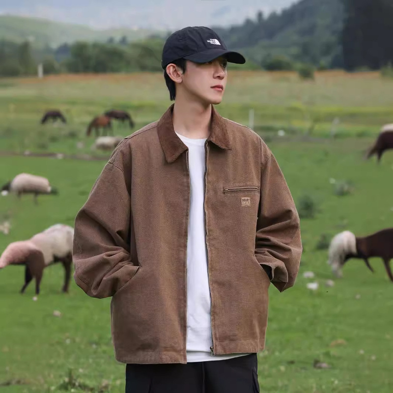 vintage Short Japanese Style Retro Brown Loose Lar Overhead Jacket Street Fashionable Men's Casual Jacket vintage Short Japanese Style Retro Brown Loose Lar Overhead Jacket Street Fashionable Men's Casual Jacket