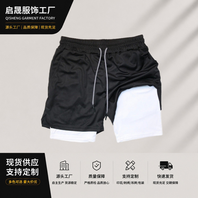 Cross-border men's double-layer fitness shorts for gym training, 2-in-1 sports quick-dry workout, jogging, quick-dry for summer