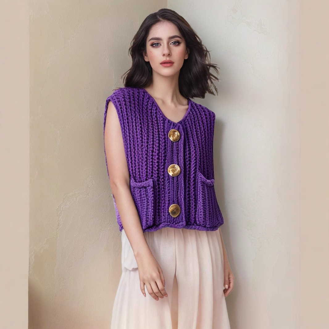 Venta rápida explosión de otoño y invierno 2024 nueva ropa de mujer bolsillo de estilo europeo y americano sin mangas chaleco de punto corto cardigans chaleco