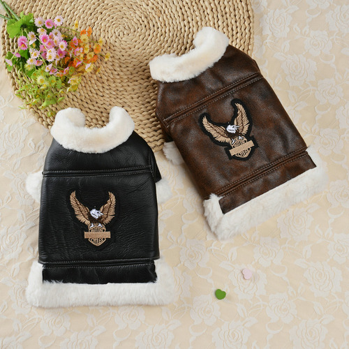Autumn and winter new pet clothes, flying eagle leather jacket and velvet warm pet clothing, atmospheric cat and dog clothes