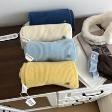 韩国东大门奶油黄新款100%羊毛针织围巾女秋冬季纯色保暖蓝色围脖