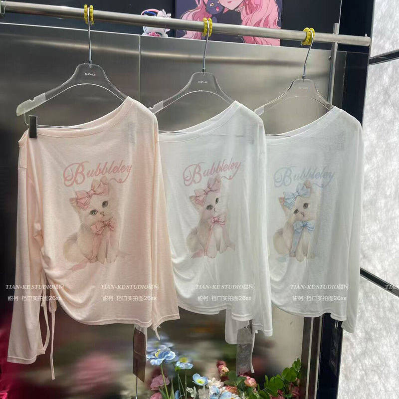 2026 Summer New Arrivals! Purely Cute Cat-Themed One-Shoulder Tencel Lyocell Drawstring Long-Sleeve T-Shirt for Women, Sun Protection Cover-Up
