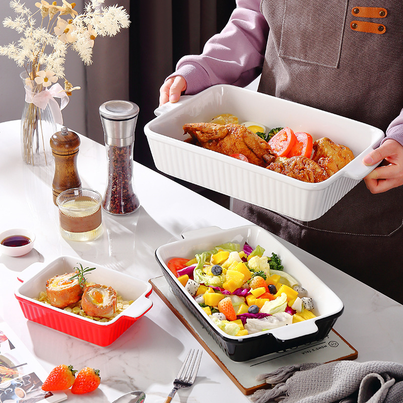 Double-Ear Baking Dish Ceramic Baking Set Cross-Border Bestseller Amazon Oven Microwave Rectangular Striped Cheese Baked Rice