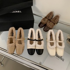 粗跟瑪麗珍鞋女冬2023新款法式晚風毛毛鞋女外穿加絨仙女高跟單鞋