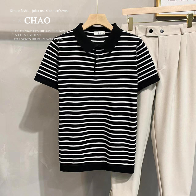 Summer Thin Fashionable Black and White Striped Short-sleeved Polo Shirt Men's Slim-fit Breathable Top Men's Korean-style Sweater