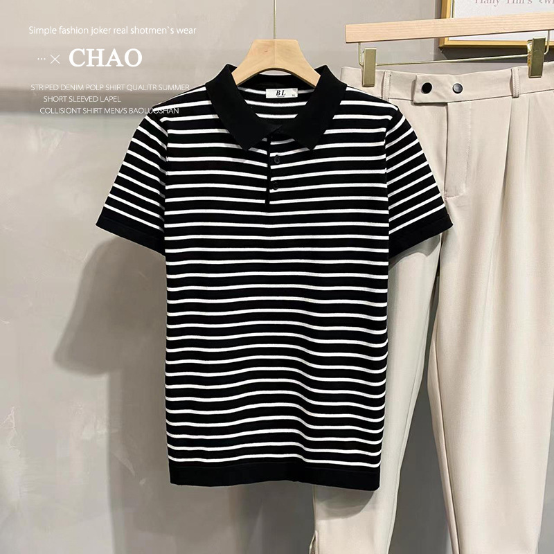 Summer Thin Fashionable Black and White Striped Short-sleeved Polo Shirt Men's Slim-fit Breathable Top Men's Korean-style Sweater