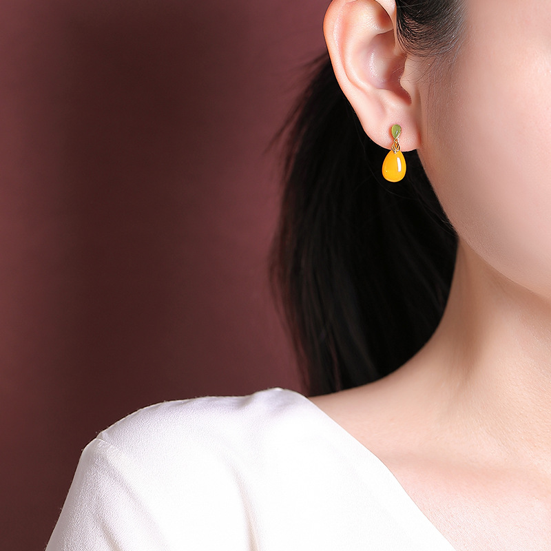 Bông tai bạc S925 đính ngọc bích trắng và hổ phách hình giọt nước phong cách Trung Hoa — Mô hình sáp ong
