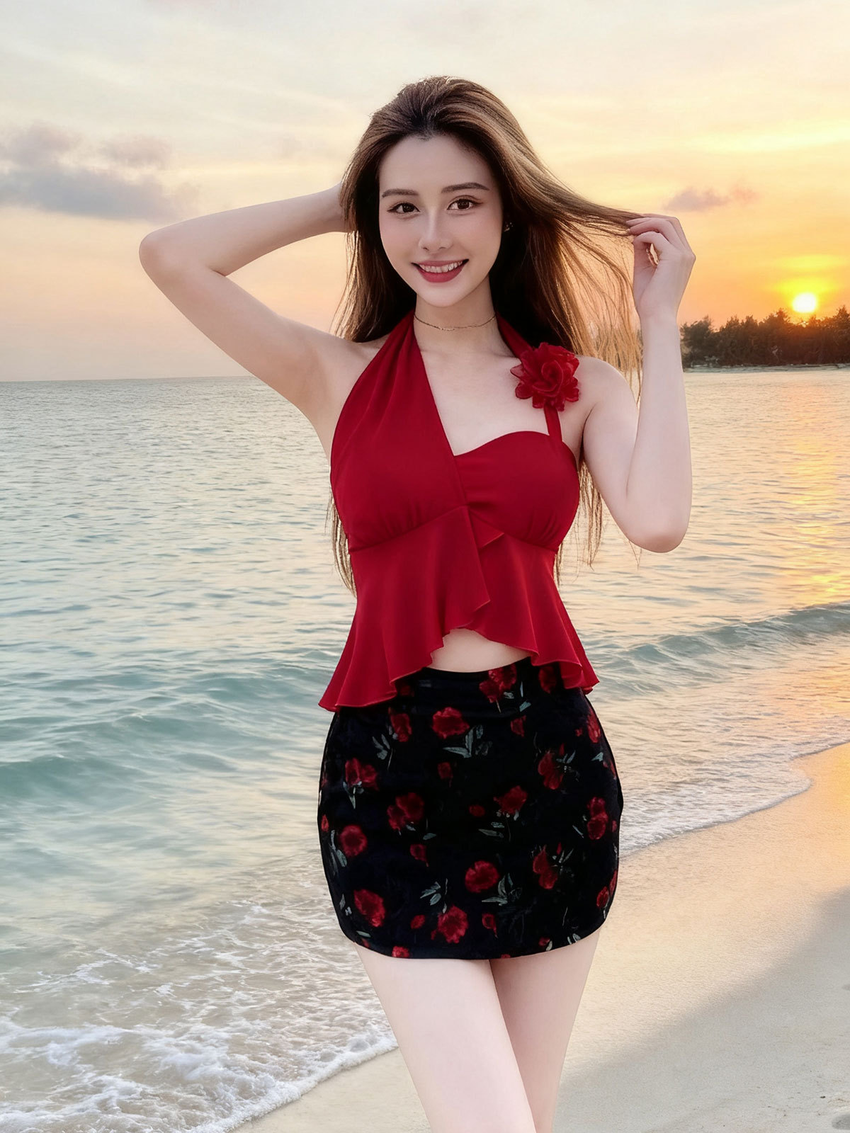 2025 nuevo traje de baño dividido bikini de tres piezas para mujer, hermoso vestido de baño con estampado de aguas termales rojo y blanco