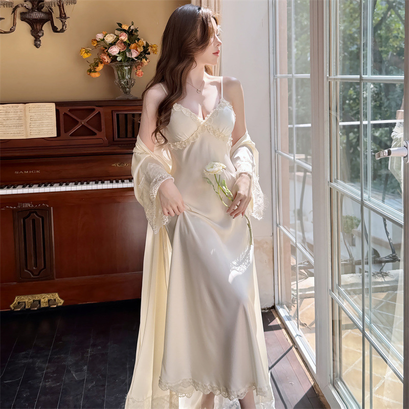 2025 New Summer Backless Pajamas for Women, Ice Silk Nightgown, Long Suspender Nightgown with Breast Pad, Lace Home Clothes