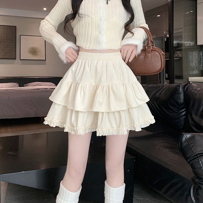 秋冬加厚金丝绒蛋糕裙日系短裙百褶层层拼接蓬蓬半身裙女防走光裙|undefined