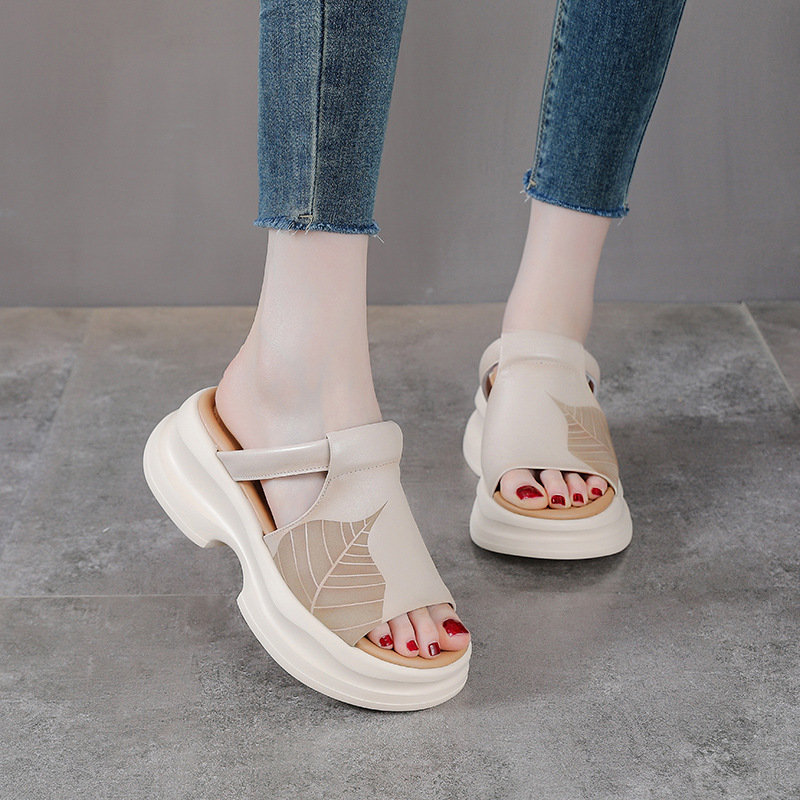 Dép sandal nữ quai chữ V đế dày da bò thật — Màu trắng be