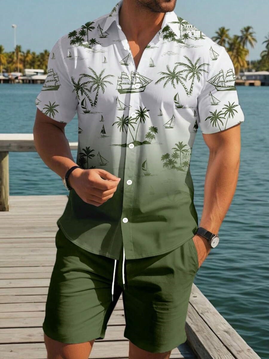 Men's Summer Beach Shorts Set With 3D Digital Print Black White Contrast Vacation Style Casual Short Sleeve_viptrois.com