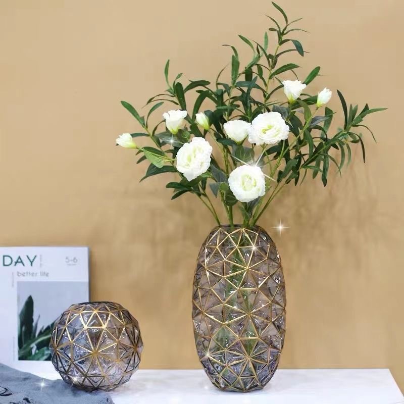 Jarrón de cristal pintado en oro de estilo europeo, ligero y lujoso, para sala de estar, mesa de comedor, arreglo floral cultivado en agua, artesanías decorativas, adornos, flores secas