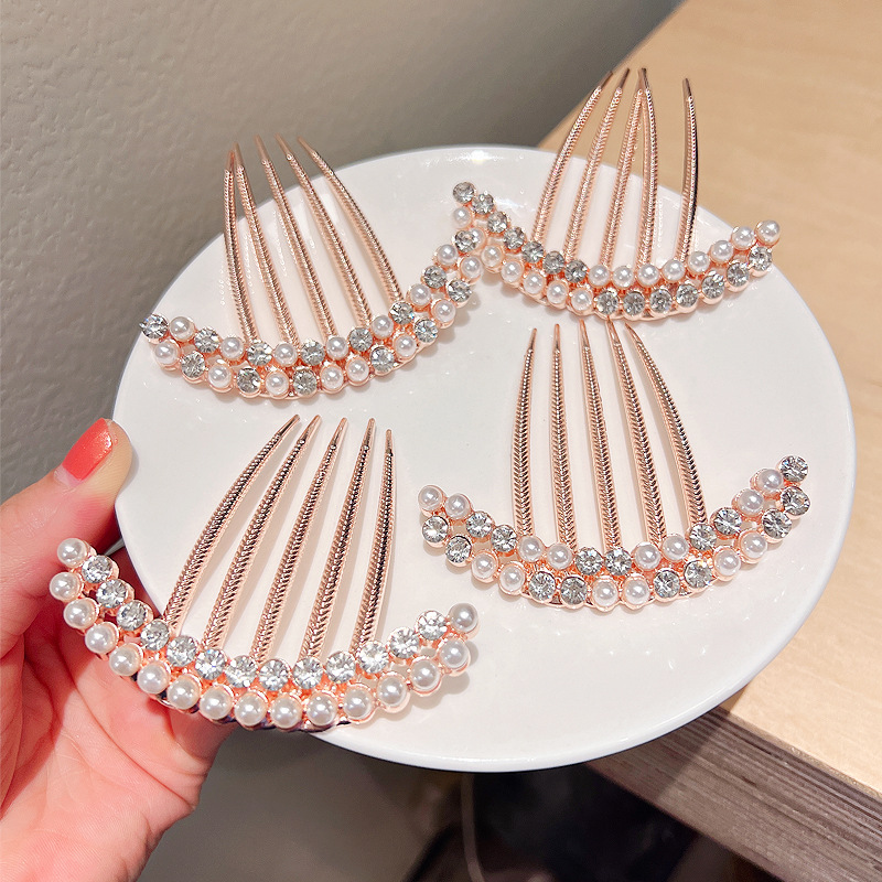 Alloy electroplating medium five-tooth comb pearl rhinestone hairpin ball hair insert adult temperament hair twister headwear