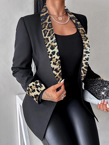 Women's Elegant Sequin Shawl Collar Blazer Jacket Solid