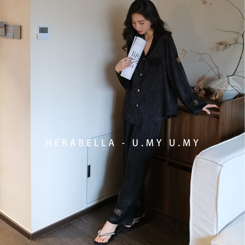 Hera Bella Spring and Autumn High-End Light Luxury Jacquard Ice Silk Pajamas French Lace Trim Lapel Cardigan Loungewear Hera Bella Spring and Autumn High-End Light Luxury Jacquard Ice Silk Pajamas French Lace Trim Lapel Cardigan Loungewear
