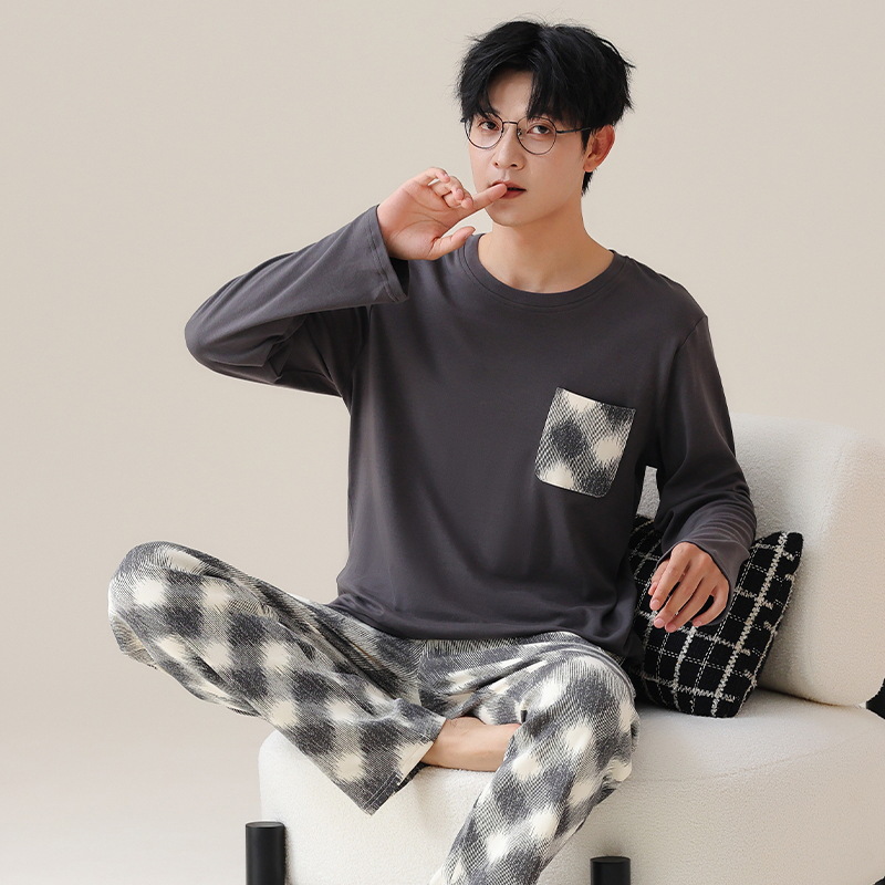 잠옷 남자의 봄과 가을 긴 소매 바지 여름 순수한면 얇은 청소년 캐주얼 세트 홈 착용
