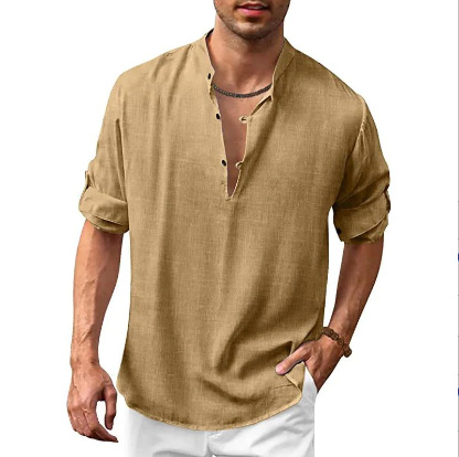 2022 Amazon estación independiente Comercio exterior Otoño e Invierno hombres Lino Henley camisa soporte collar manga larga casual playa camisa