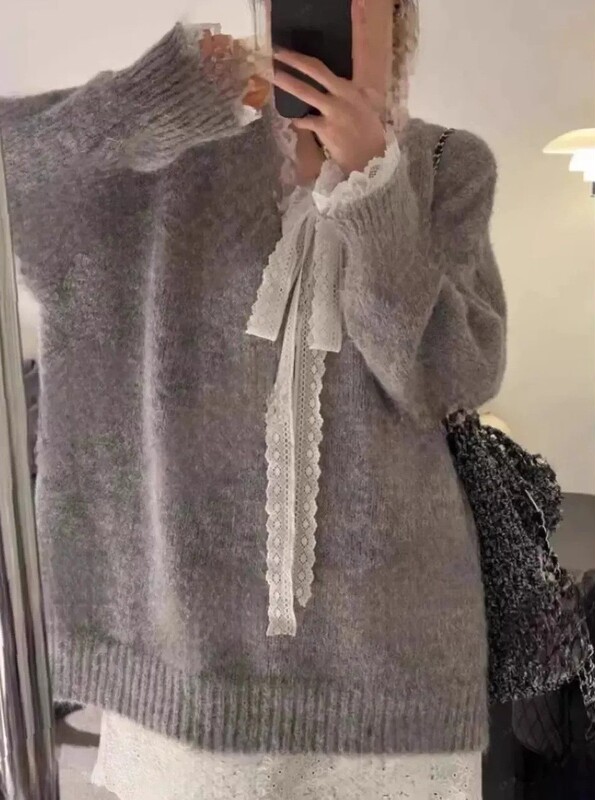 慵懒风蕾丝花边蝴蝶结假两件毛衣女秋冬季新款甜美宽松针织衫上衣|undefined
