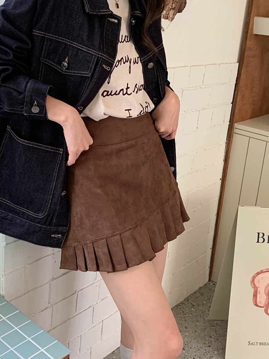 3th Morning Autumn New Korean Style Vintage Suede Irregular Pleated Short Skirt ZY4359