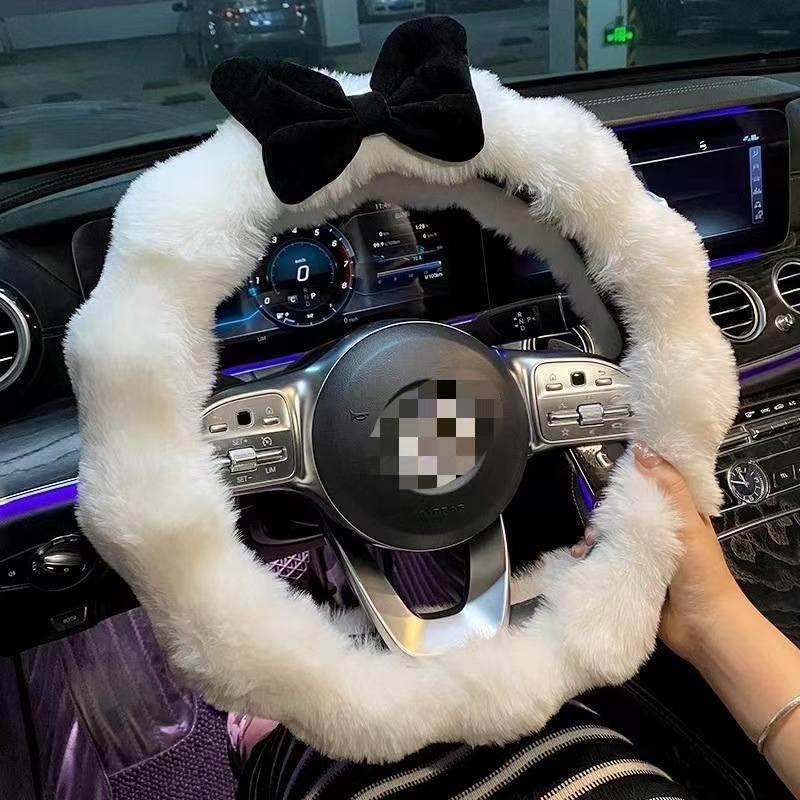 New Car Steering Wheel Cover 38cm Autumn and Winter Plush Winter Fleece Women's High-End Cute Bowknot