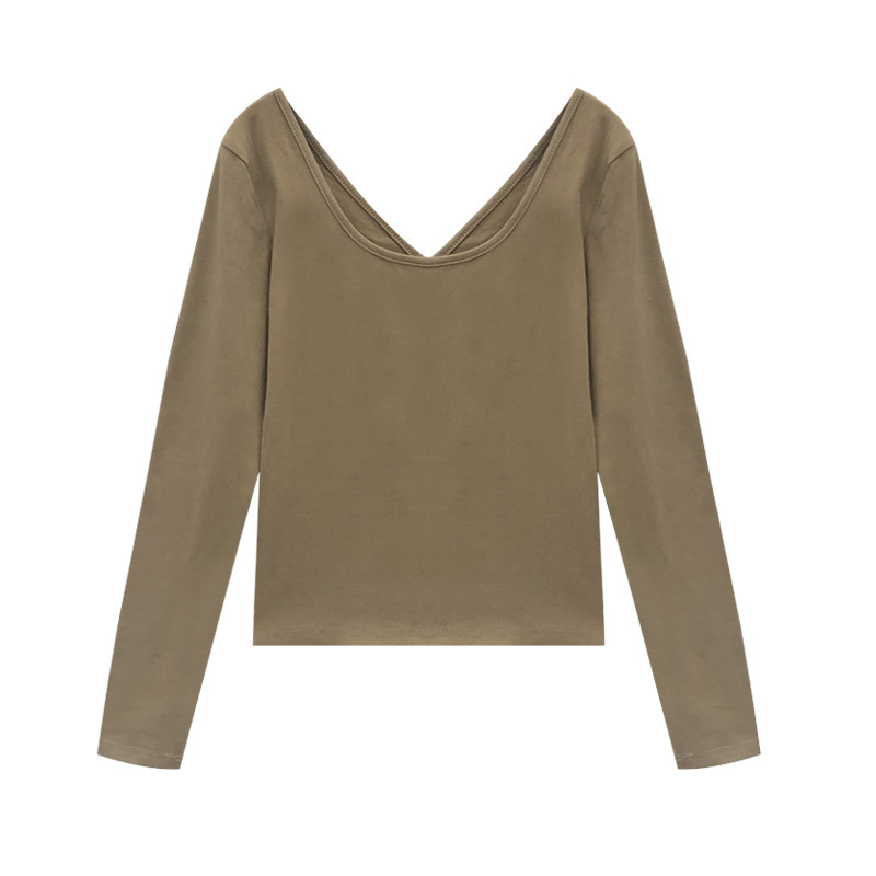 Otoño 2023 nueva sexy Camiseta de manga larga sin espalda de las mujeres de diseño versátil sentido U-cuello color sólido superior chica caliente camisa de fondo
