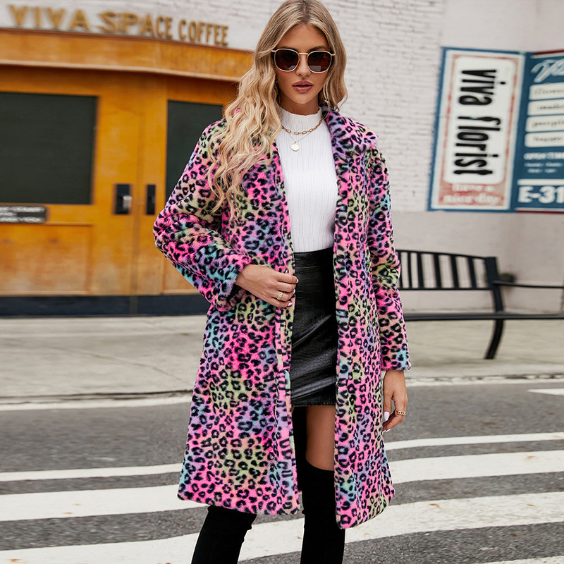 F0599 Popular Spot Cross-Border European and American Leopard Print Imitation Fur Plush Lapel Coat Long Fashionable Autumn and Winter New Style F0599 Popular Spot Cross-Border European and American Leopard Print Imitation Fur Plush Lapel Coat Long Fashionable Autumn and Winter New Style