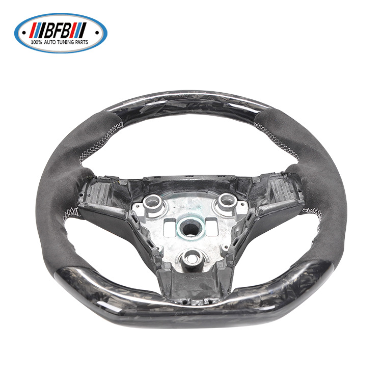 100% Real Carbon Fiber Forged Black Steering Wheel with Brown Stitching - For Tesla Model Y