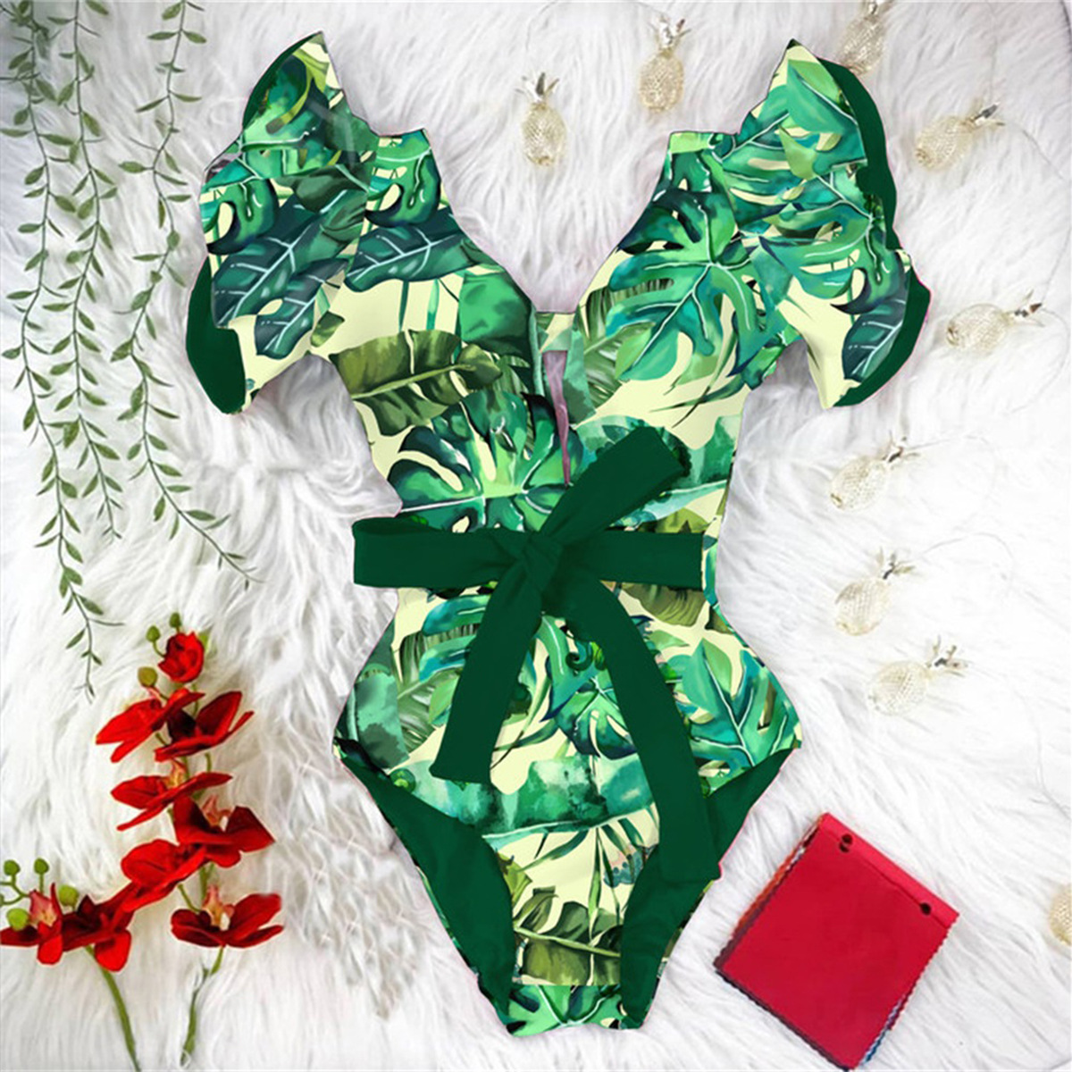 315g Weight Short Sleeve Sleeve Length Polyester Fabric Type Short Top Length One-pieces Tops Type 1 Piece Quantity Swimming Occasion V Neck Neckline Slim Fit Type Printing Pattern Women's Gender Vacation Style Women's Vacation Printing 1 Piece One Piece Swimwear 3
