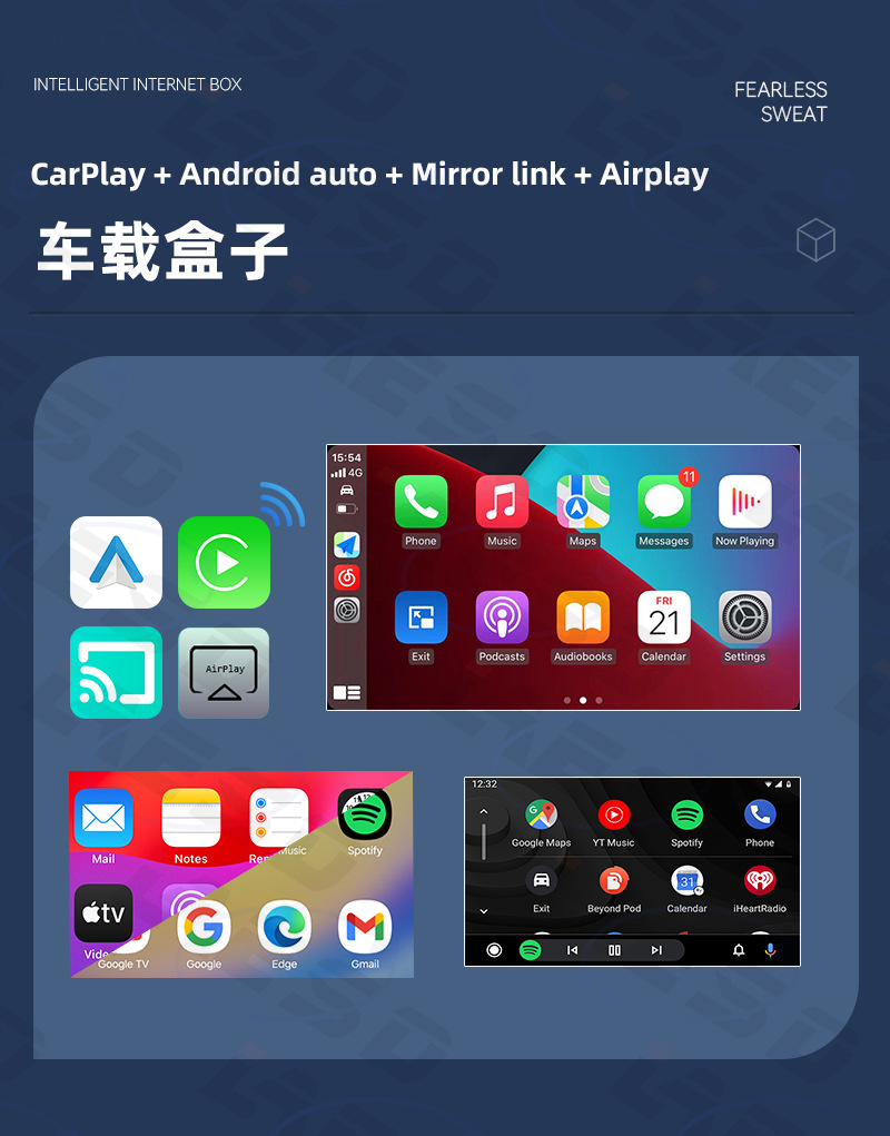 Cross-Border Applicable Apple Android Mirror Screen Projection 4-in-1 Wireless Car Connectivity Smart Reverse Control Carplay Box