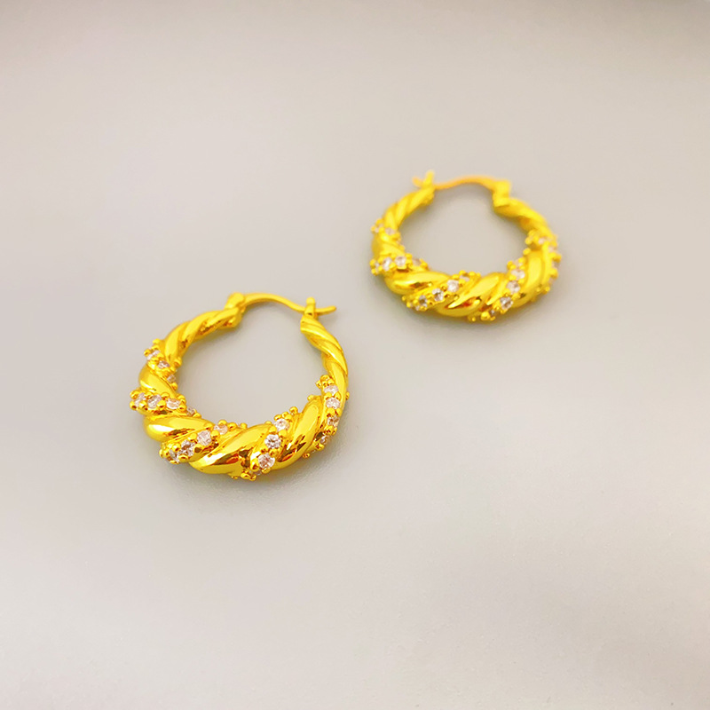 青島外貿工廠新款法式銅鍍真金麻花纏繞鑲嵌鋯石高級感輕奢耳環女