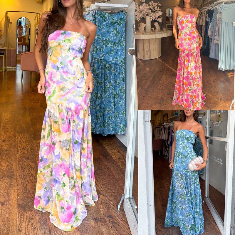 Cross-border Europe and America Amazon 2025 Summer New Elegant Strapless Mesh Printed Waist Sleeveless Ruffled dress Cross-border Europe and America Amazon 2025 Summer New Elegant Strapless Mesh Printed Waist Sleeveless Ruffled dress